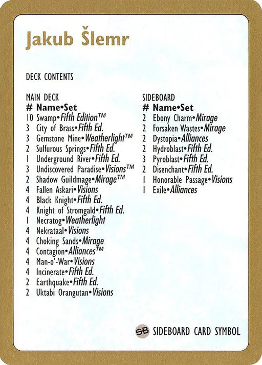 1997 Jakub Slemr Decklist Card [World Championship Decks]