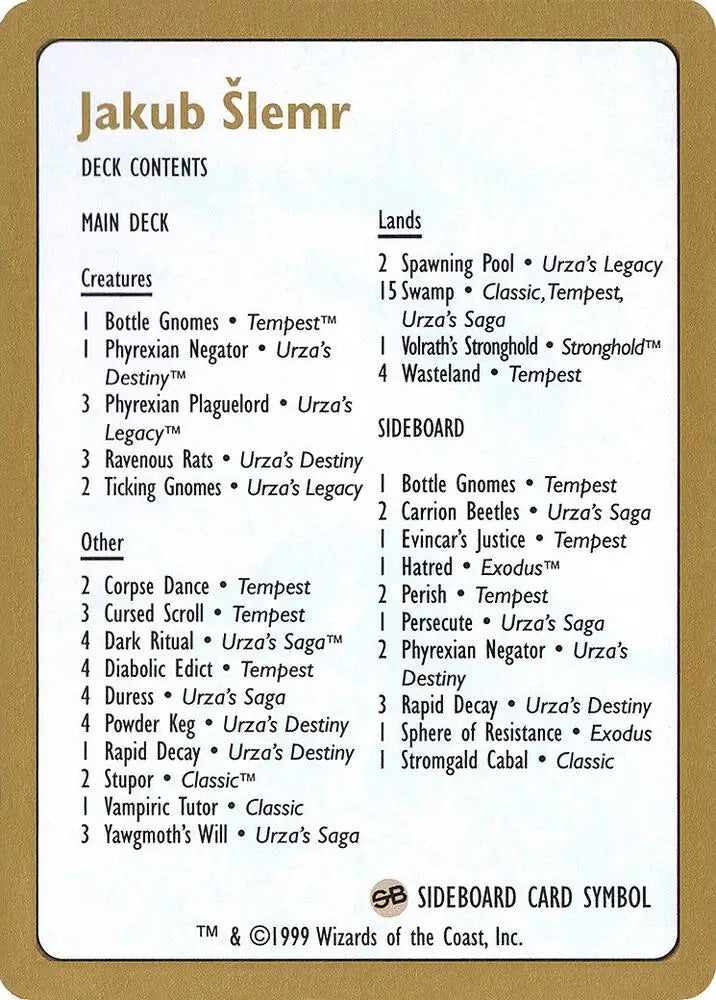 1999 Jakub Slemr Decklist Card [World Championship Decks]