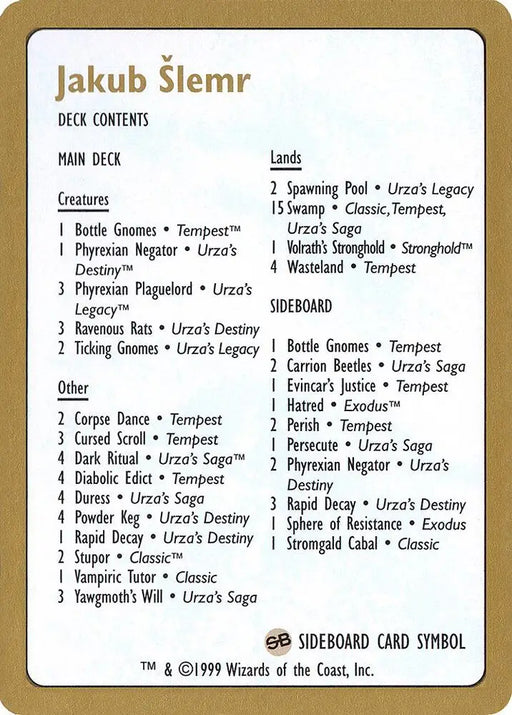 1999 Jakub Slemr Decklist Card [World Championship Decks]