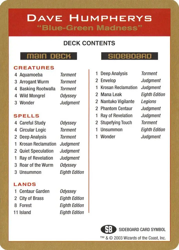 2003 Dave Humpherys Decklist Card [World Championship Decks]