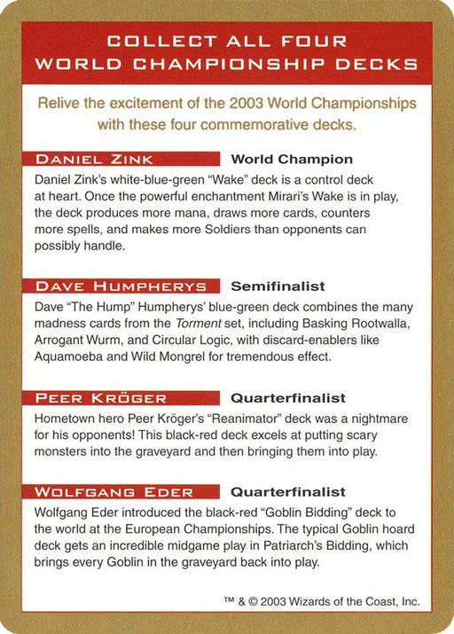 2003 World Championship Advertisement Card [World Championship Decks]
