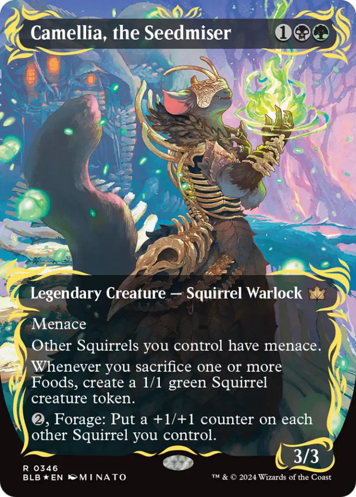 Camellia the Seedmiser (Borderless) (Raised Foil) [Bloomburrow] - MTG Single