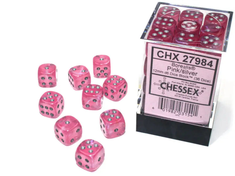 Chessex: Borealis 36D6 Pink/Silver 12mm Luminary - Accessoire