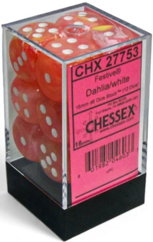 Chessex: Festive 12d6 Dahlia/White Luminary 16mm - Accessoire