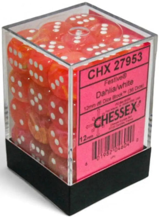 Chessex: Festive 36d6 Dahlia/White Luminary 12mm - Accessoire