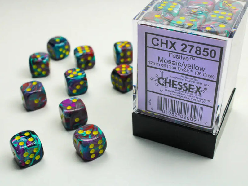 Chessex: Festive 36d6 Mosaic/Yellow 12mm - Accessoire