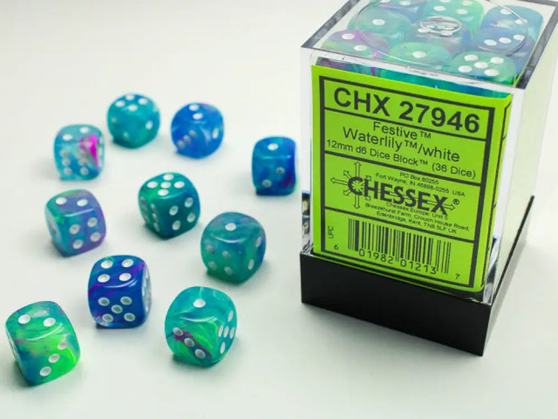 Chessex: Festive 36d6 Waterlily/White 12mm - Accessoire