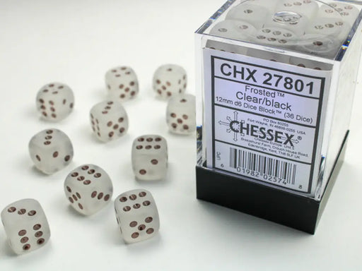 Chessex: Frosted 36d6 Clear/Black 12mm - Accessoire