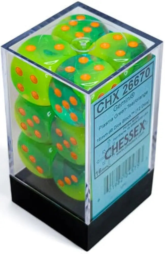 Chessex: Gemini 12d6 Plasma Green-Teal/Orange Luminary 16mm - Accessoire