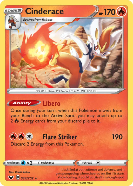 Cinderace (034/202) (Theme Deck Exclusive) [Sword & Shield: Base Set] - Pokemon Single