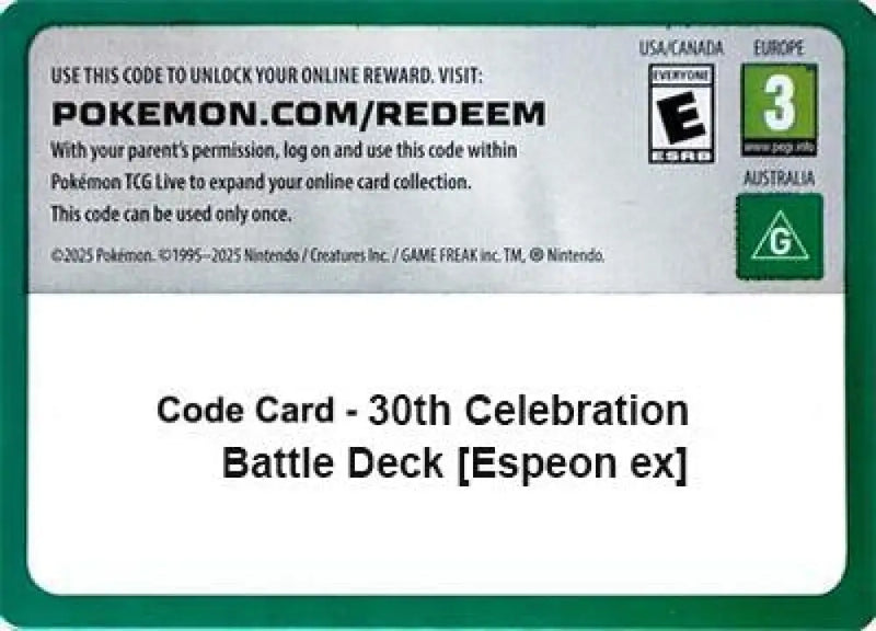 Code Card - 30th Celebration Battle Deck [Espeon ex] [ME: 30th Celebration]