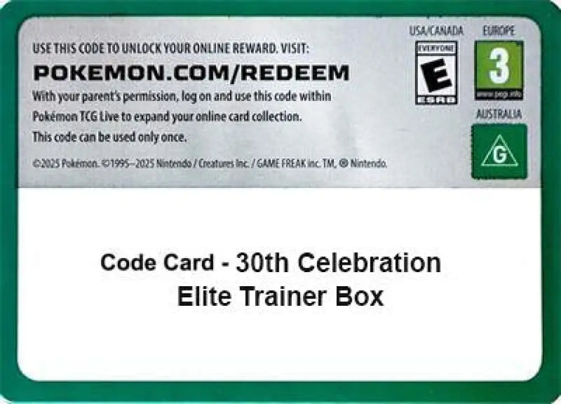 Code Card - 30th Celebration Elite Trainer Box [ME: 30th Celebration]