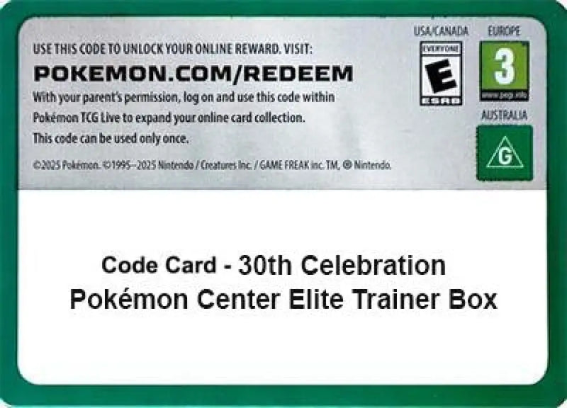 Code Card - 30th Celebration Pokemon Center Elite Trainer Box [ME: 30th Celebration]