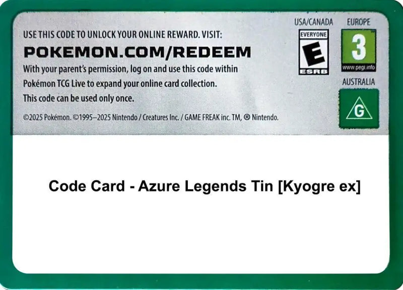 Code Card - Azure Legends Tin [Kyogre ex] [Miscellaneous Cards and Products]