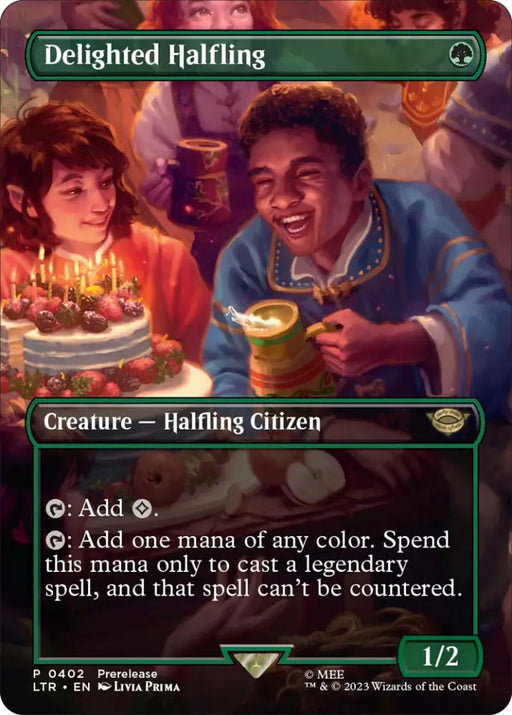 Delighted Halfling (Borderless Alternate Art) [The Lord of the Rings: Tales of Middle-Earth] - MTG Single