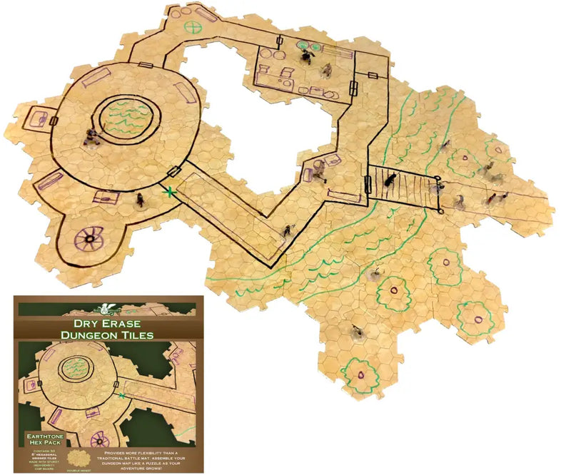 Dry Erase Dungeon Tiles 33CT 6’’ Earthtone Hexagone - Role Playing Game