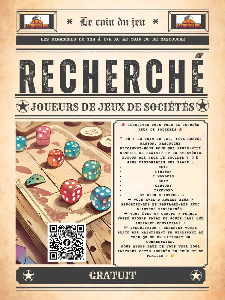 Événement Jeux de Société Dimanche 13h - Mascouche - Billet