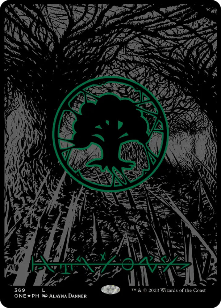 Forest (369) (Oil Slick Raised Foil) [Phyrexia: All Will Be One] - MTG Single
