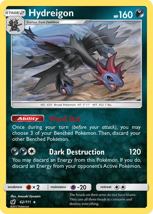 Hydreigon (62/111) (Cracked Ice Holo) (Theme Deck Exclusive) [Sun & Moon: Crimson Invasion] - Pokemon Single