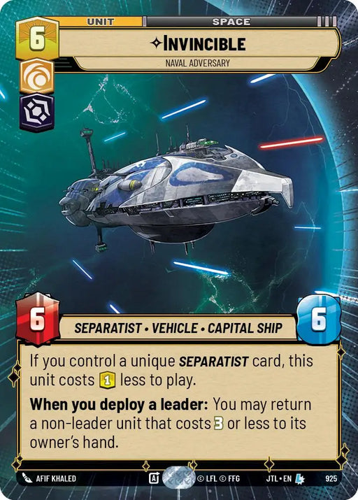 Invincible - Naval Adversary (Hyperspace Foil) (925) [Jump to Lightspeed] - Star Wars: Unlimited Single