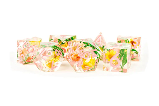 MDG Resin 7 Dice Set Sharp Edge Chrysanthemum Pink Numbers - Accessoire