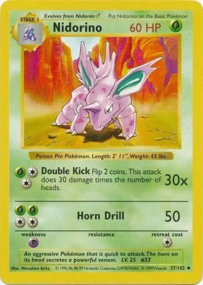 Nidorino (37/102) [Base Set Shadowless Unlimited] - Pokemon Single