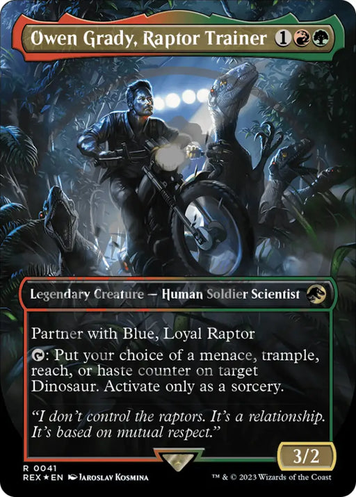 Owen Grady Raptor Trainer (Emblem) (Borderless) [Jurassic World Collection Tokens] - MTG Single