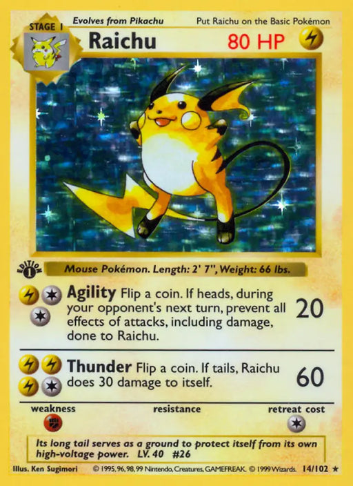 Raichu (14/102) (Shadowless) [Base Set 1st Edition] - Pokemon Single