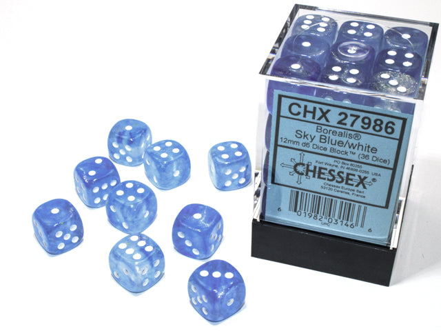 Chessex: Borealis 36D6 Bleu ciel/Blanc 12 mm Luminaire
