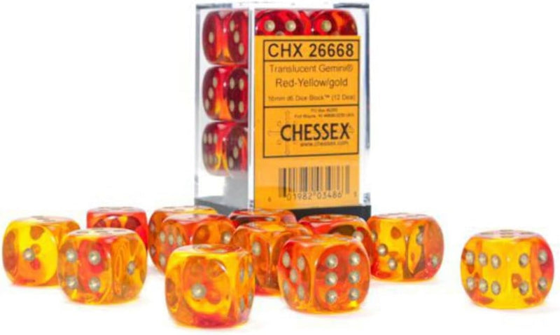 Chessex: Gemini 12d6 Set Translucent Red-Yellow/Gold 16mm
