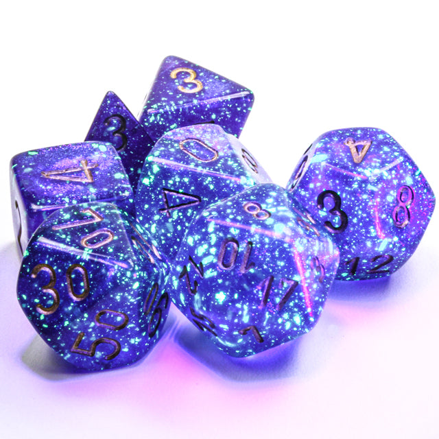 Chessex: Ensemble de 7 dés Borealis, Luminary, violet royal/or