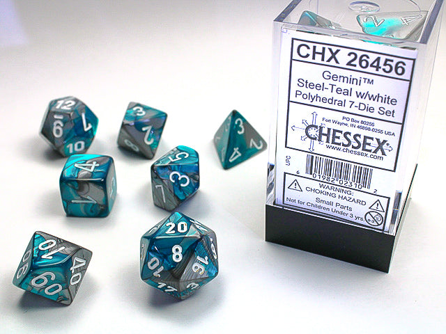 Chessex: ensemble de 7 dés acier bleu sarcelle/blanc