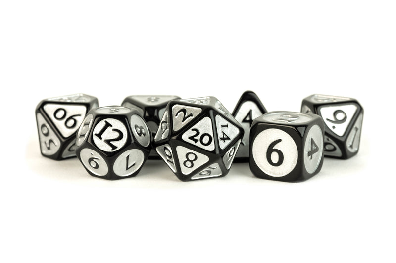 MDG Enamel Acrylic 7 Dice Set Black Silver 16mm