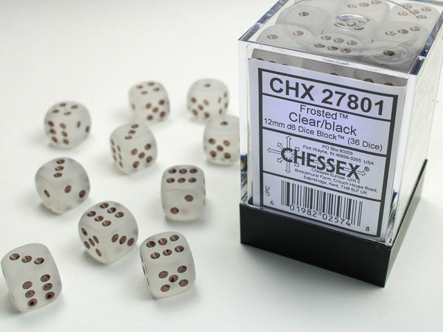 Chessex: Frosted 36d6 Clear/Black 12mm