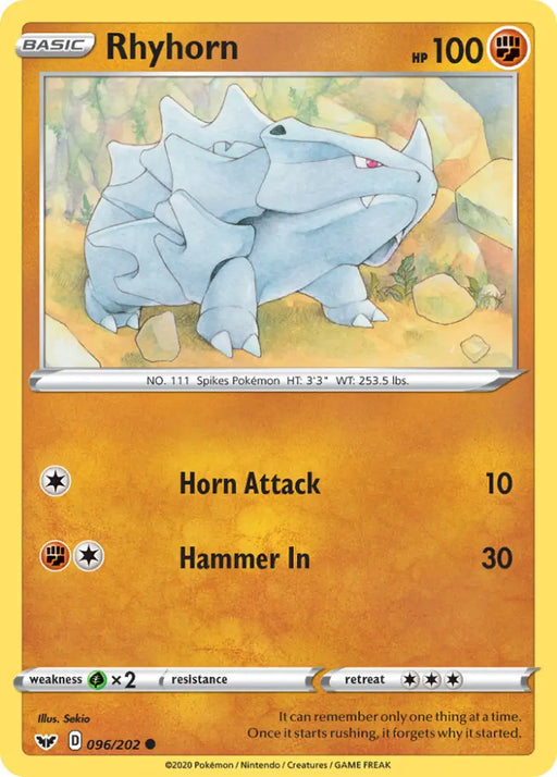 Rhyhorn (096/202) [Sword & Shield: Base Set] - Pokemon Single