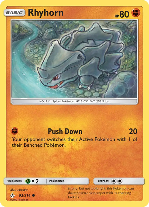 Rhyhorn (92/214) [Sun & Moon: Unbroken Bonds] - Pokemon Single
