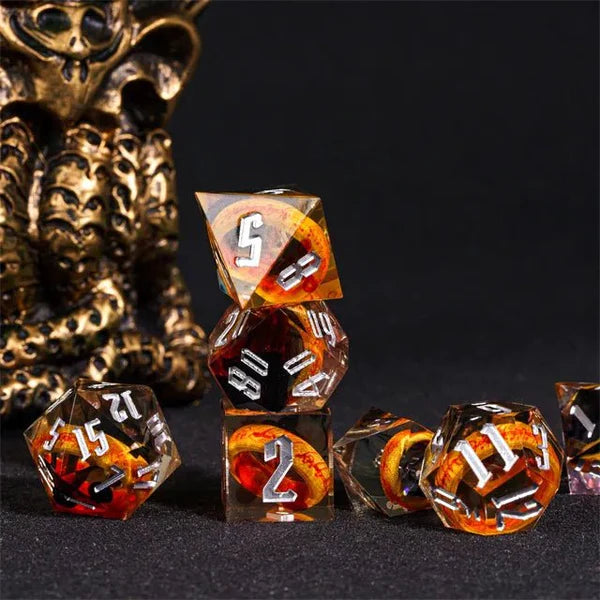 Nerd Gear: Ringbearer’s Fortune – 7pc Handmade Embedded Ring Share Edge Dice Set