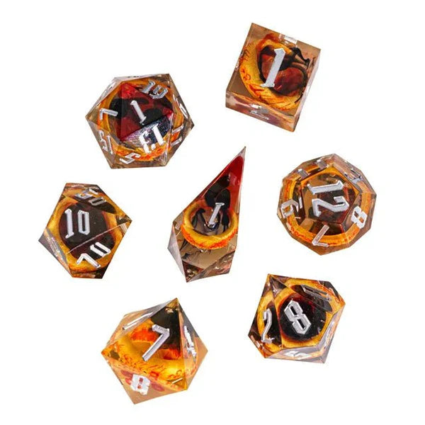 Nerd Gear: Ringbearer’s Fortune – 7pc Handmade Embedded Ring Share Edge Dice Set