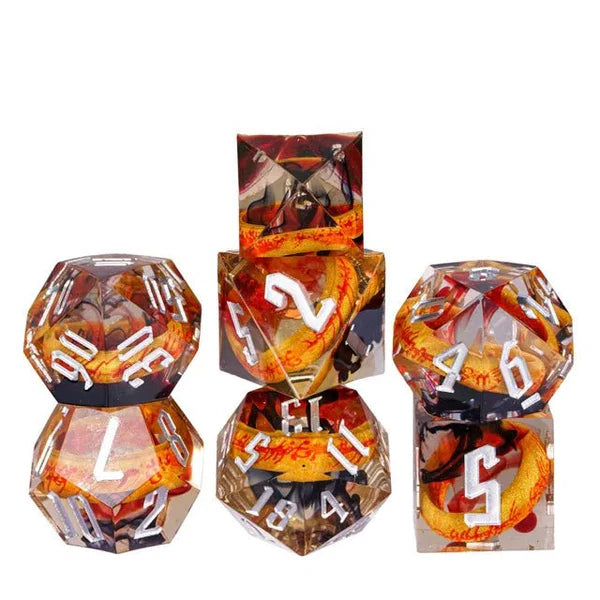 Nerd Gear: Ringbearer’s Fortune – 7pc Handmade Embedded Ring Share Edge Dice Set