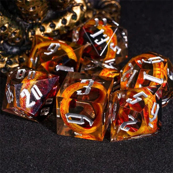Nerd Gear: Ringbearer’s Fortune – 7pc Handmade Embedded Ring Share Edge Dice Set