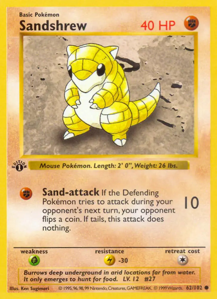Sandshrew (62/102) (Shadowless) [Base Set 1st Edition] - Pokemon Single