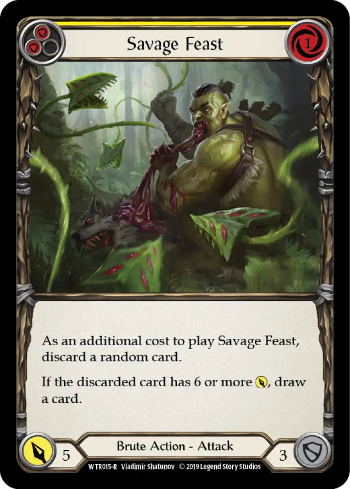 Savage Feast (Yellow) [Welcome to Rathe 1st Edition] Alpha Print Rainbow Foil - Flesh And Blood Single