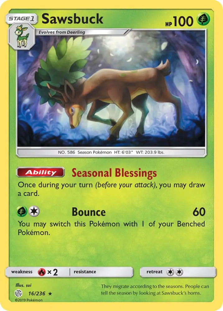 Sawsbuck (16/236) (Prerelease Kit Exclusive) (Theme Deck Exclusive) [Sun & Moon: Cosmic Eclipse] - Pokemon Single