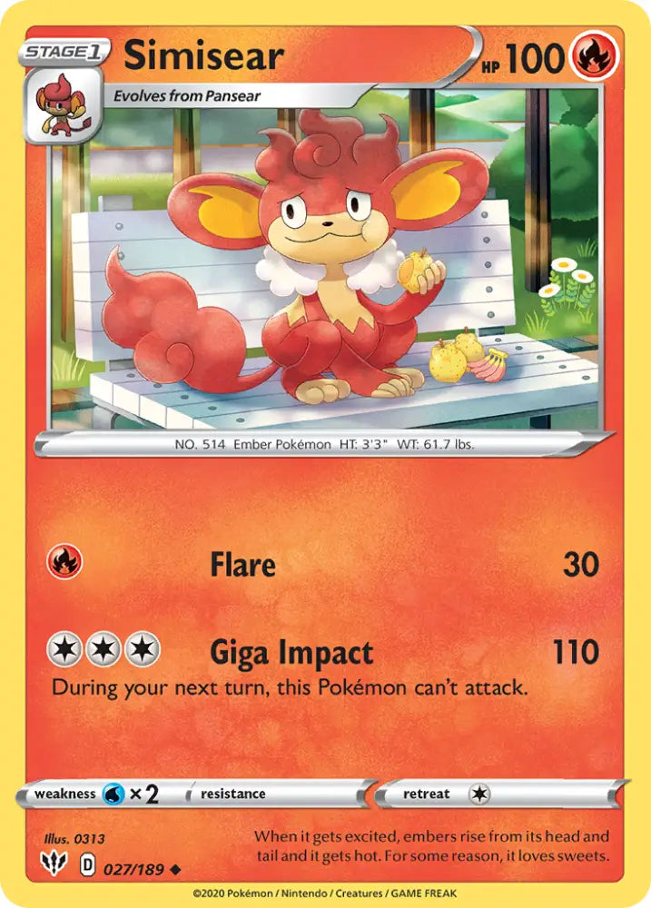Simisear (027/189) [Sword & Shield: Darkness Ablaze] - Pokemon Single