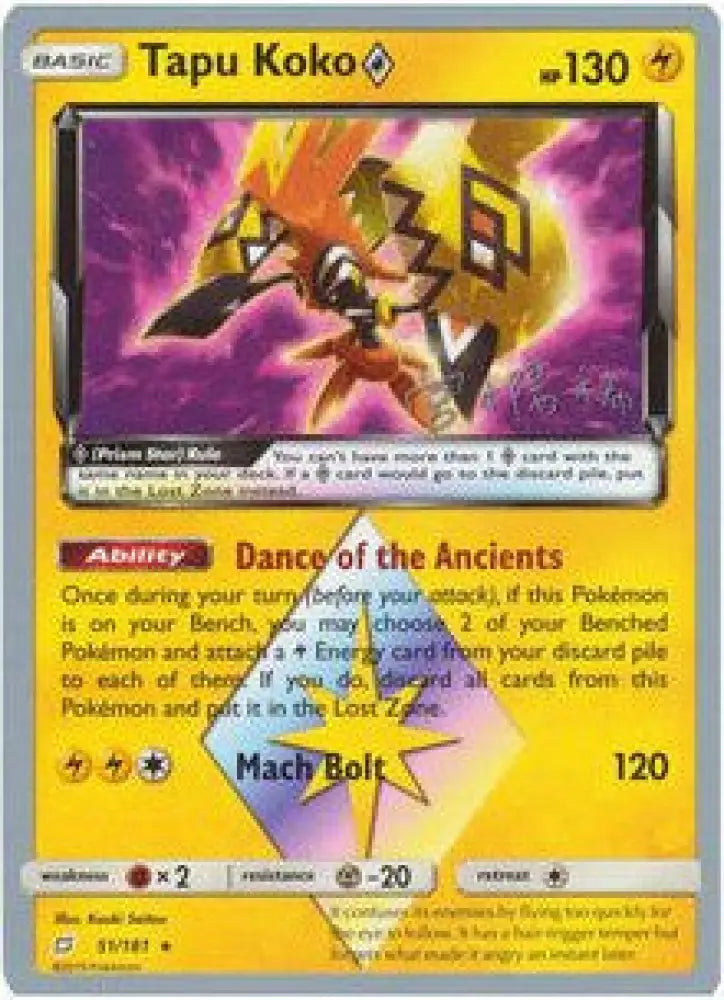 Tapu Koko Prism Star (51/181) (Pikarom Judge - Haruki Miyamoto) [World Championships 2019] - Pokemon Single