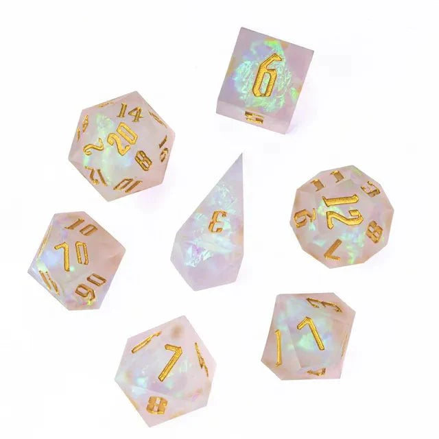Nerd Gear: The Aurora Mist – 7pc Handmade Sharp Edge Resin Dice Set