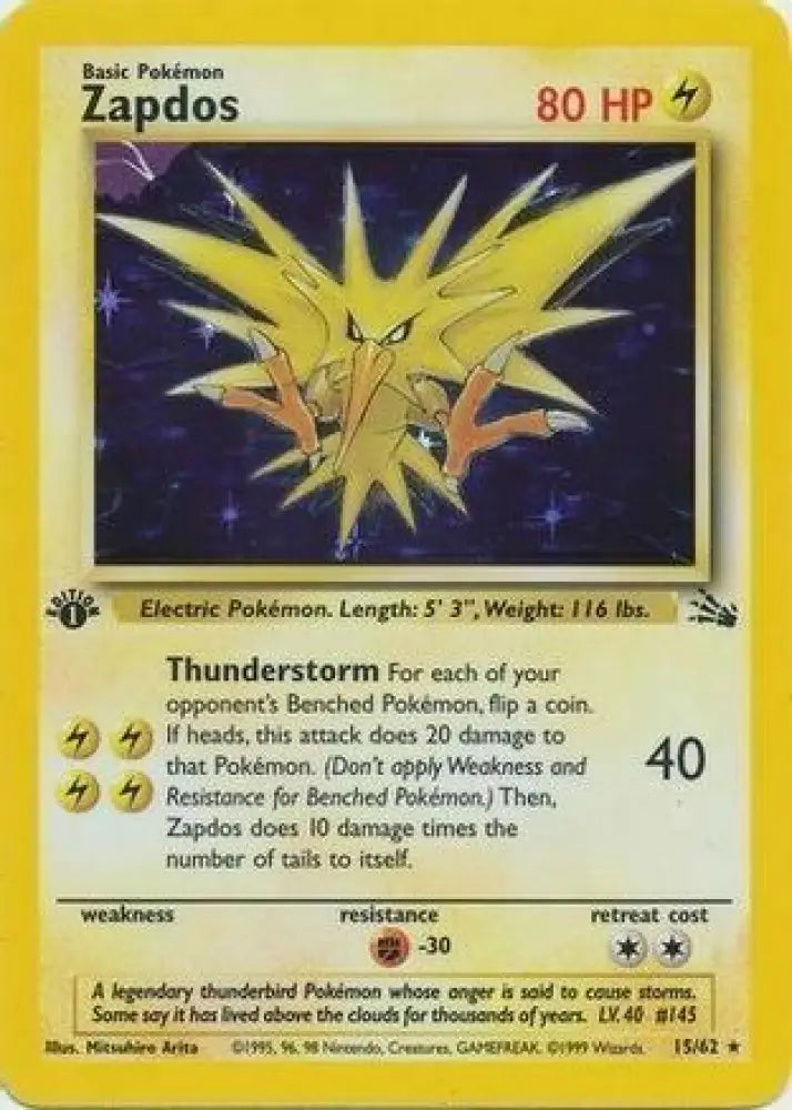 Zapdos (15/62) (Cosmos Holo) [Fossil 1st Edition] - Pokemon Single