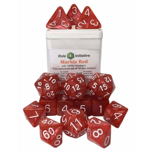 SET OF 15 DICE: MARBLE RED W/WHITE