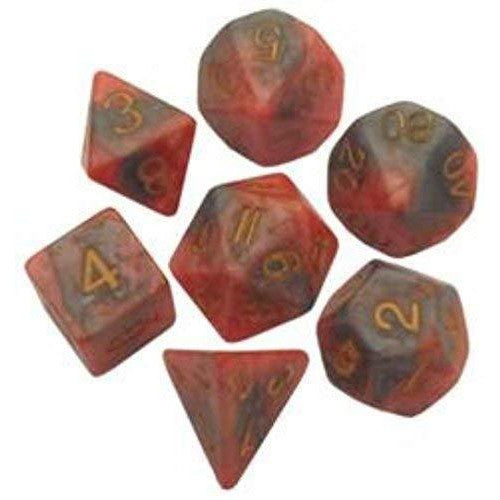 Dés en résine Polyhedral 7 Die Set : Combo Attack Orange / Brown (Dark Gray) avec chiffres dorés