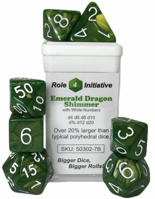 SET OF 7 DICE: EMERALD DRAGON SHIMMER W/WHITE
